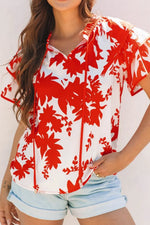 Plant Print Tiered Ruffled Sleeve Tie Neck Blouse