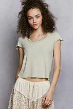 POL Round Neck Short Sleeve Crop T-Shirt with Lace Trim
