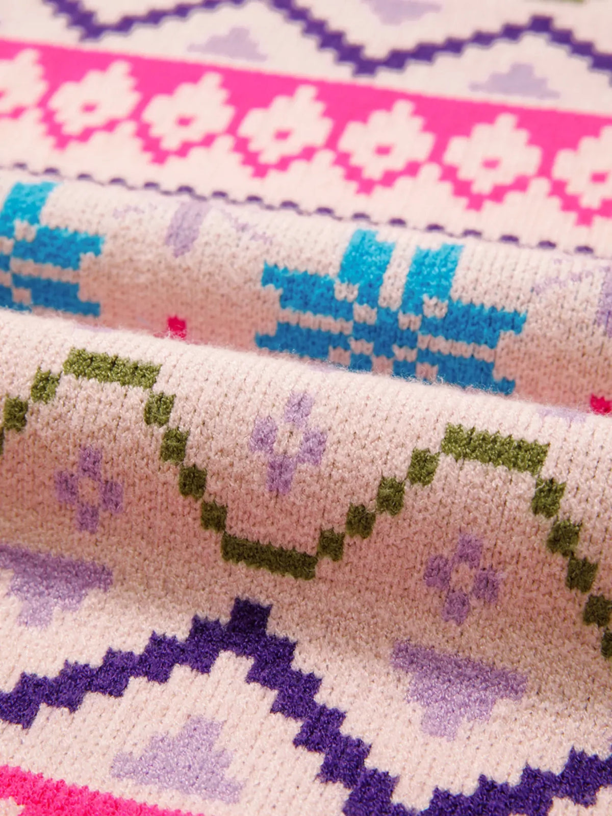 Multicolour Ethnic Christmas Pattern Knit Feather Cuffed Sweater