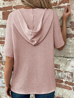 Drawstring Waffle-Knit Short Sleeve Hooded Top
