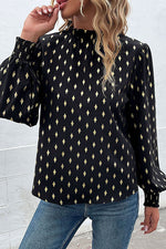 Perfee Geometric Print Frill Neck Lantern Sleeve Blouse