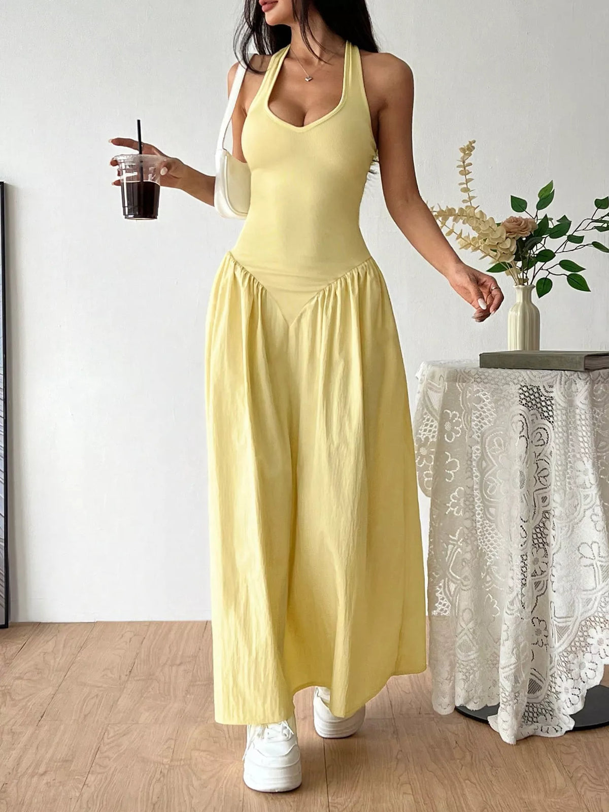 Halter Neck Ruched Maxi Dress