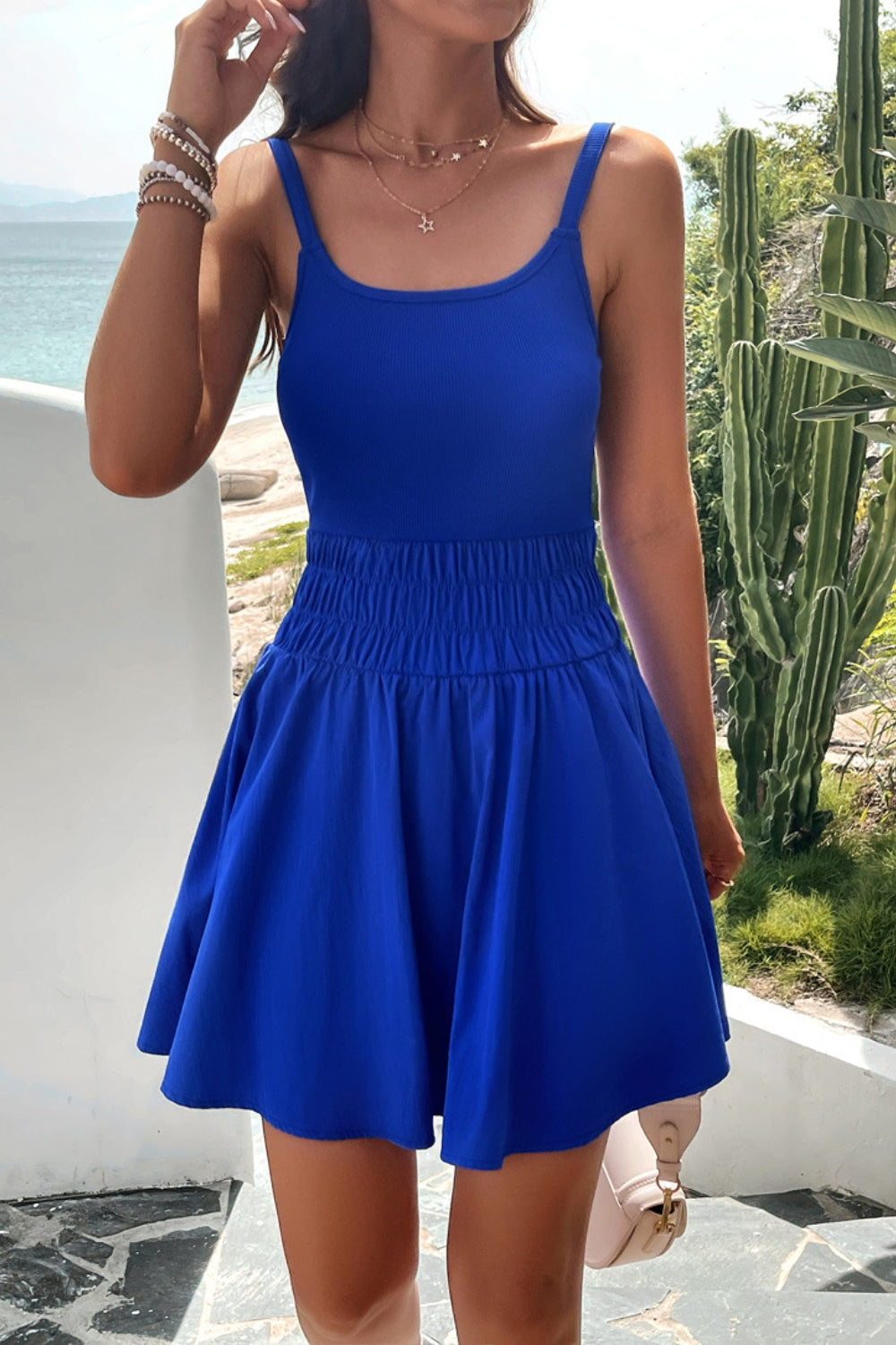 Devine Smocked Scoop Neck Mini Cami Dress - Ladyez