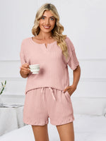 Notched Short Sleeve and Shorts Lounge Set - Ladyez