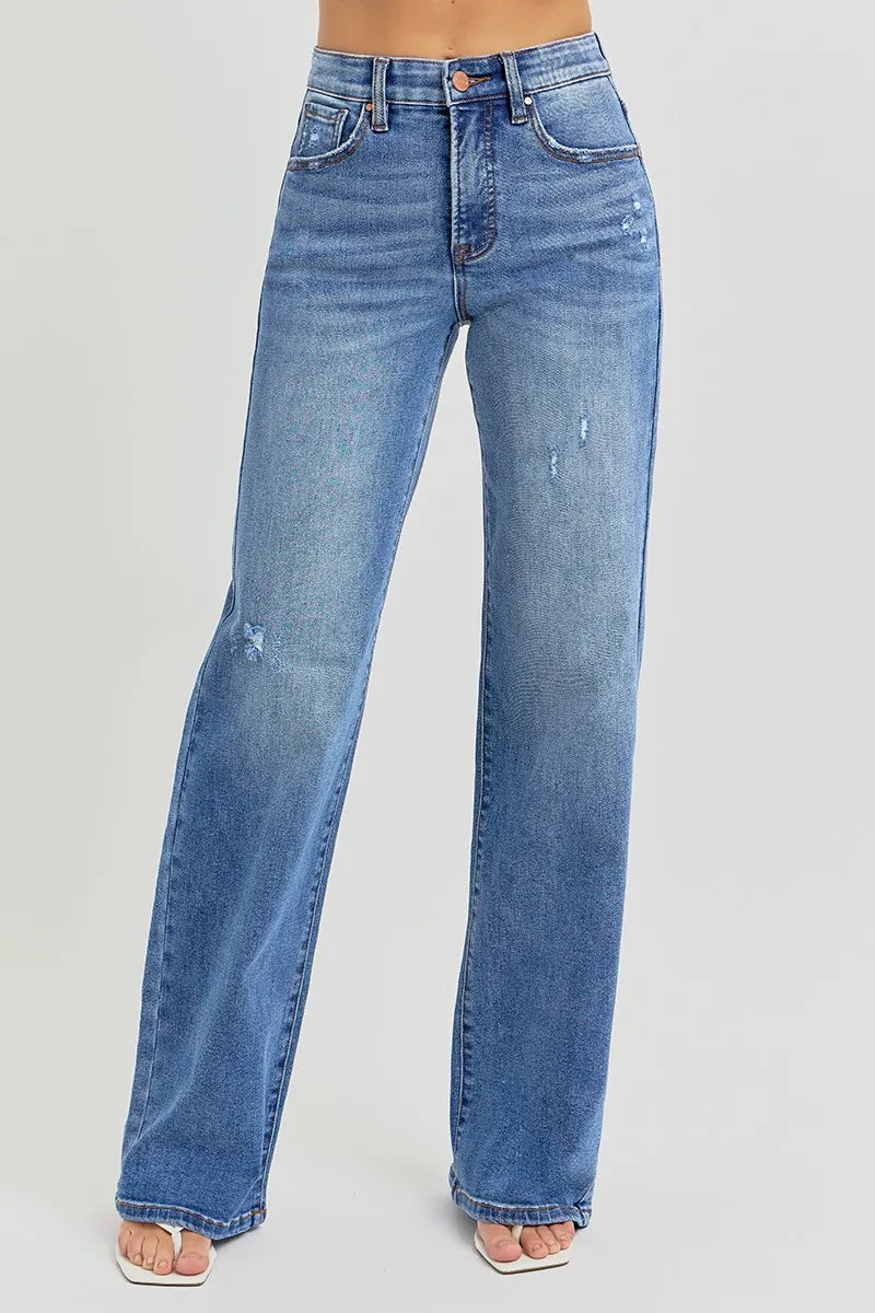 RISEN Full Size Tummy Control Elastic Band High Rise Wide Jeans Plus Size - Ladyez