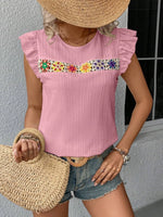 Ruffled Round Neck Cap Sleeve Blouse
