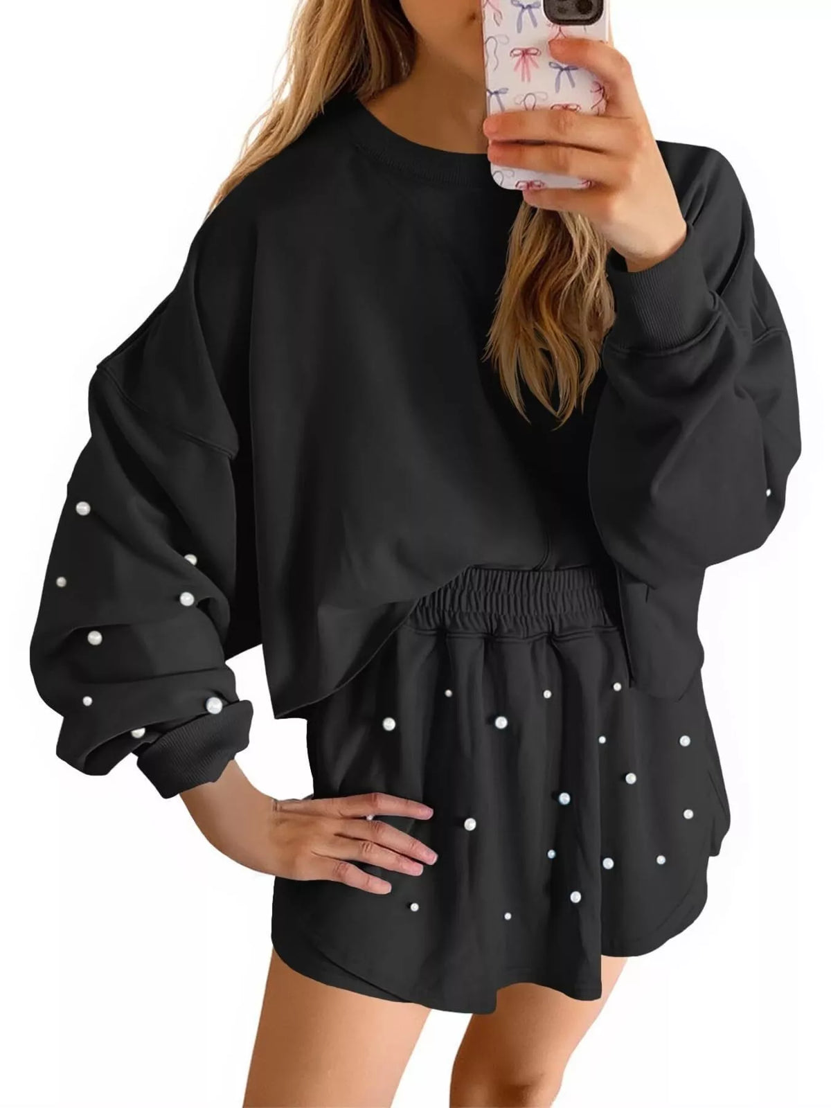 Pearl Embellished Round Neck Top and Skort Set
