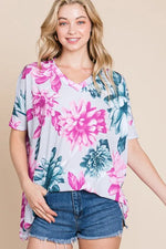 BOMBOM Floral V-Neck Short Sleeve T-Shirt