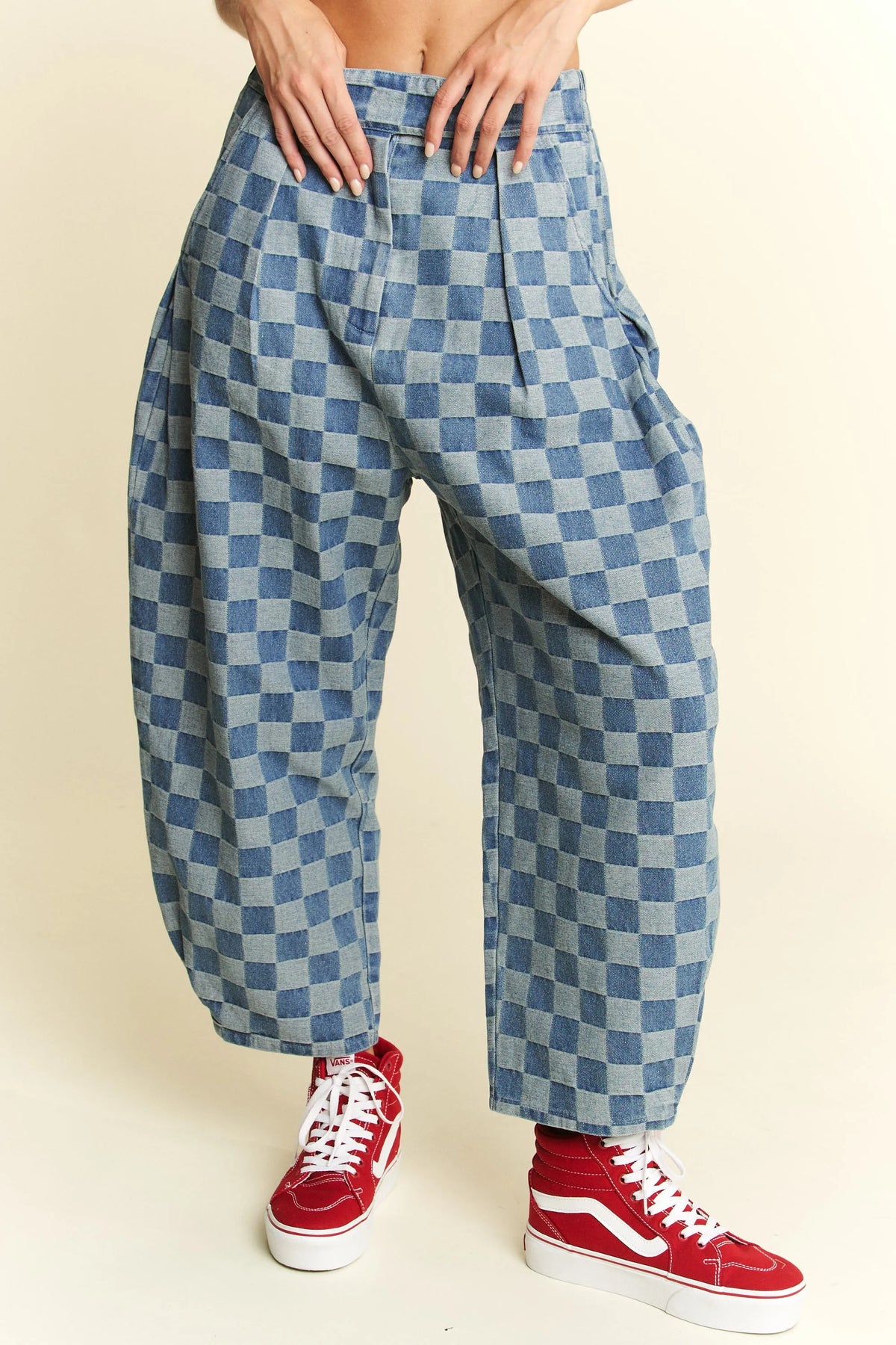 Jade By Jane Plus Size Pleated Checkered High Waist Barrel Pants - Ladyez