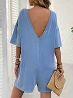 Backless Textured Round Neck Half Sleeve Romper