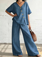 Full Size Surplice Half Sleeve Top and Wide-Leg Pants Set Plus Size