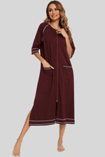 Zip Up Slit Round Neck Night Dress with Pockets - Ladyez