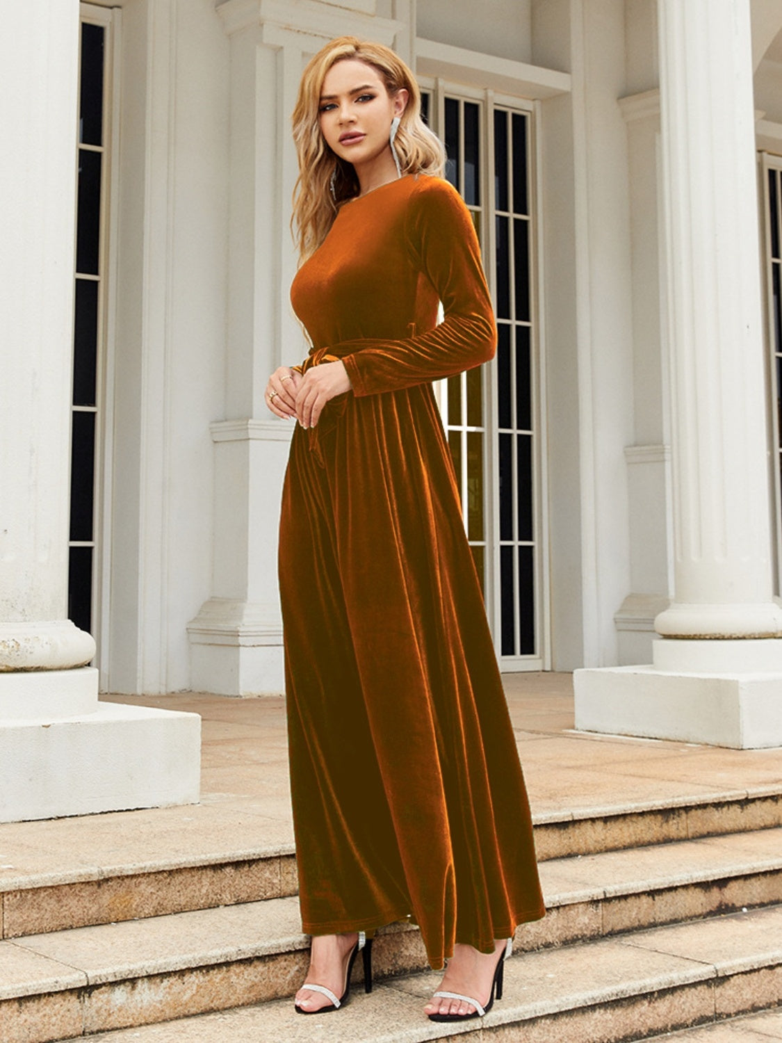 Tie Front Round Neck Long Sleeve Maxi Dress - Ladyez