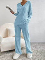Ribbed Knit V-Neck Top and Pants Set