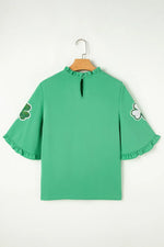 Sequin Clover Graphic Ruffled Trim Bell Sleeve St Patrick Blouse