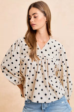 BiBi Polka Dot Corduroy Quarter Sleeves V Neck Blouse