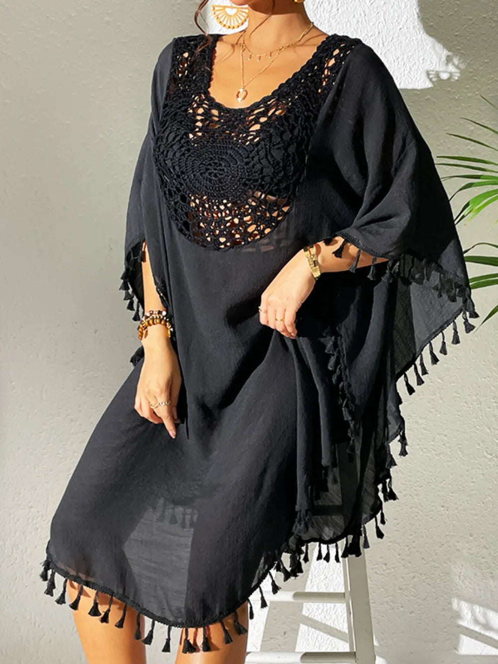 Tassel Cutout Scoop Neck Cover-Up Dress - Ladyez