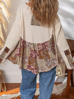 Paisley Ethnic Print Contrast Patchwork Long Sleeve Loose Top