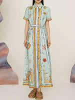 Printed Short Sleeve Maxi Shirt Dress with Belt - Ladyez