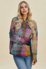 Double Take Full Size Plaid Dropped Shoulder Fleece Hoodie
