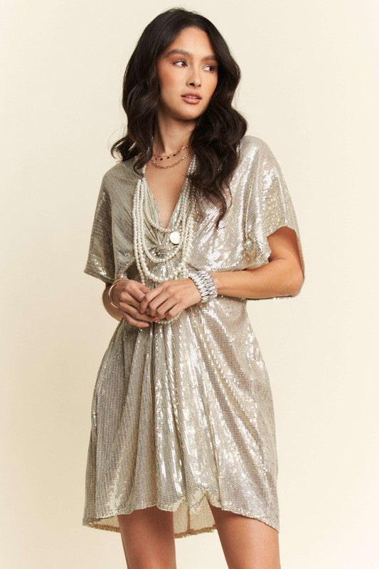 Davi & Dani Sequin Plunge Neck Knot Cut Out Tie Back Party Dress - Ladyez