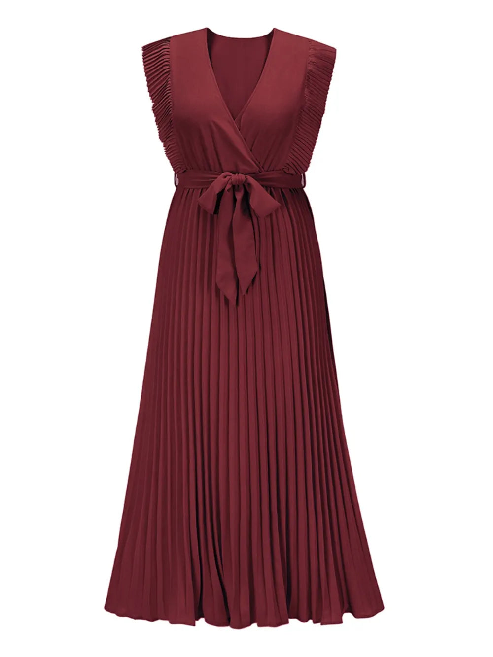 Tied Surplice Cap Sleeve Pleated Dress - Ladyez