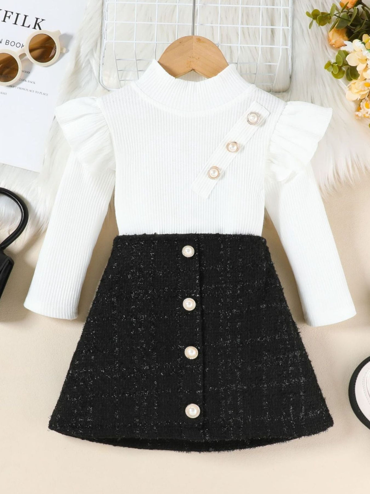 Children's Ruffle Sleeve Top & Tweed Skirt Set