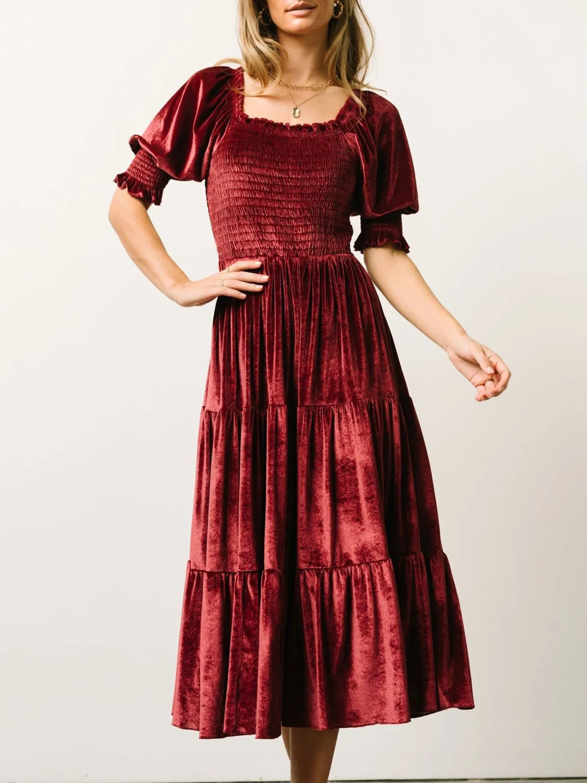 Smocked Half Sleeve Tiered Midi Dress - Ladyez