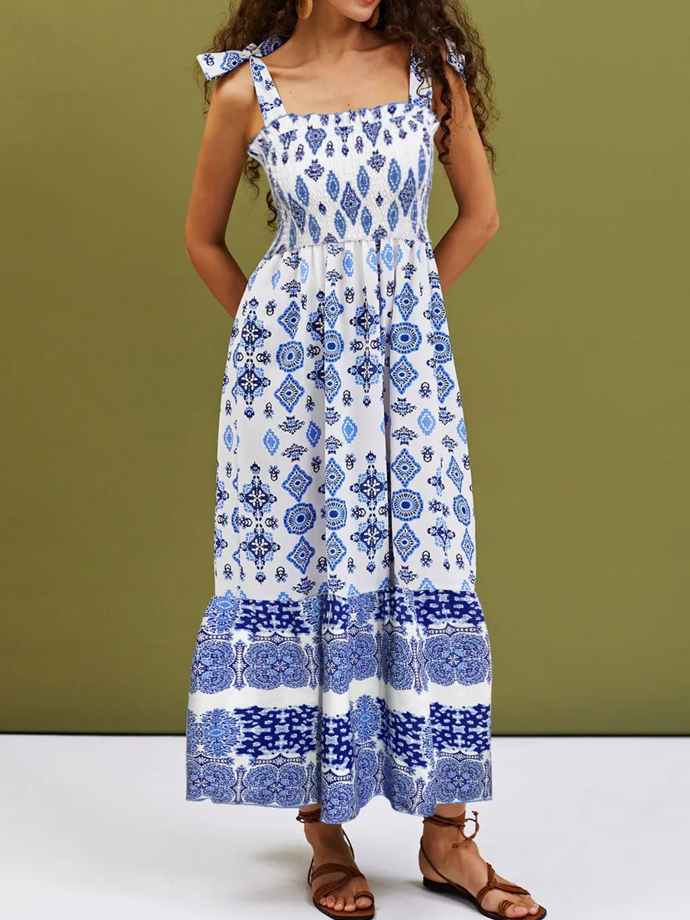 Smocked Printed Square Neck Cami Dress - Ladyez