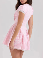 Gingham Ruffle Mini Dress with Lace Trim - Ladyez