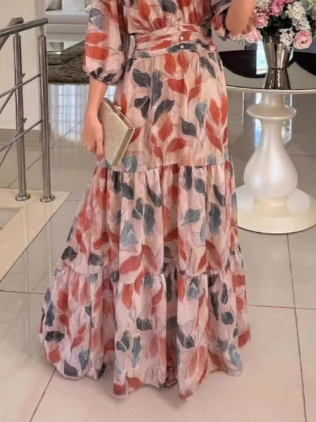 Full Size Printed V-Neck Maxi Dress with Tiered Hemline Plus Size - Ladyez