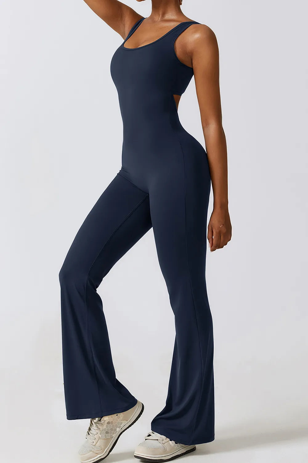 Basic Bae Cutout Ruched Bootcut Sleeveless Active Jumpsuit - Ladyez