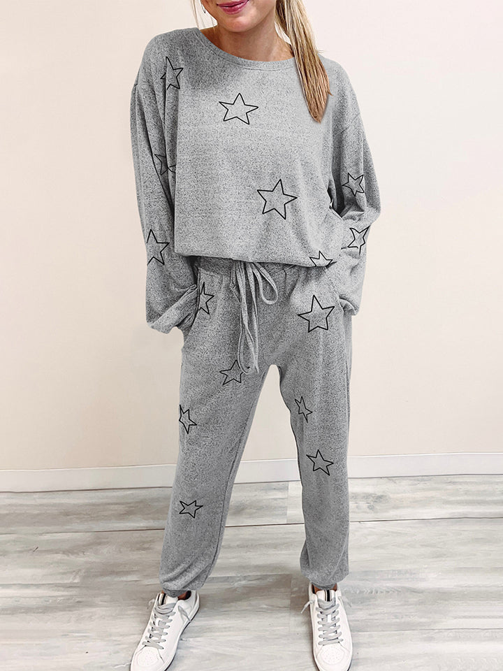 Star Print Long Sleeve Top and Pants Lounge Set - Ladyez