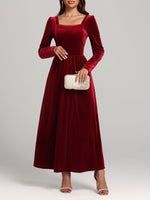 Velvet Square Neck Long Sleeve Dress - Ladyez