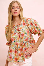 BiBi Flower Printed Shirring Detail Blouse Top