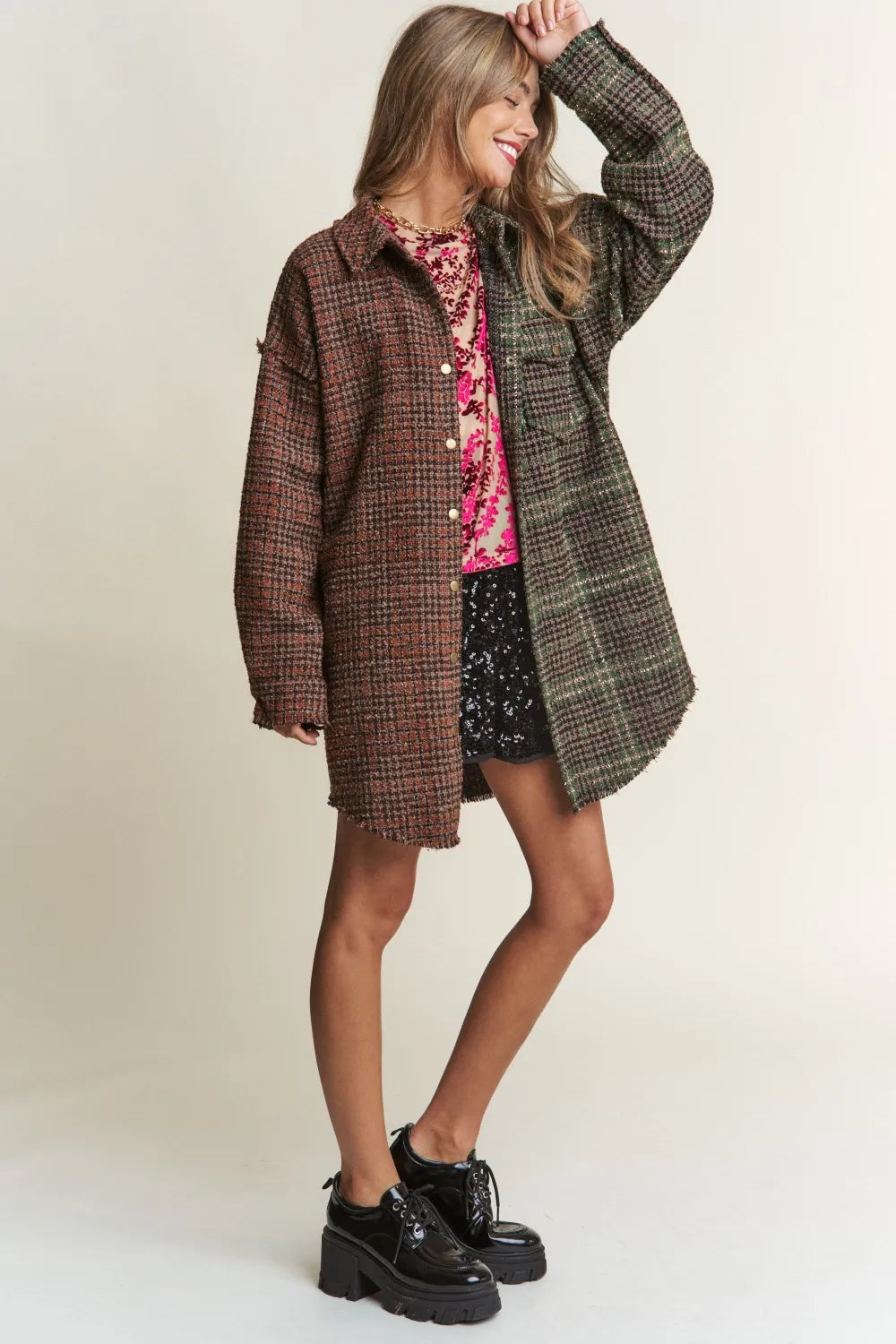 J.NNA Snap Down Tweed Plaid ContrastLongline Shacket