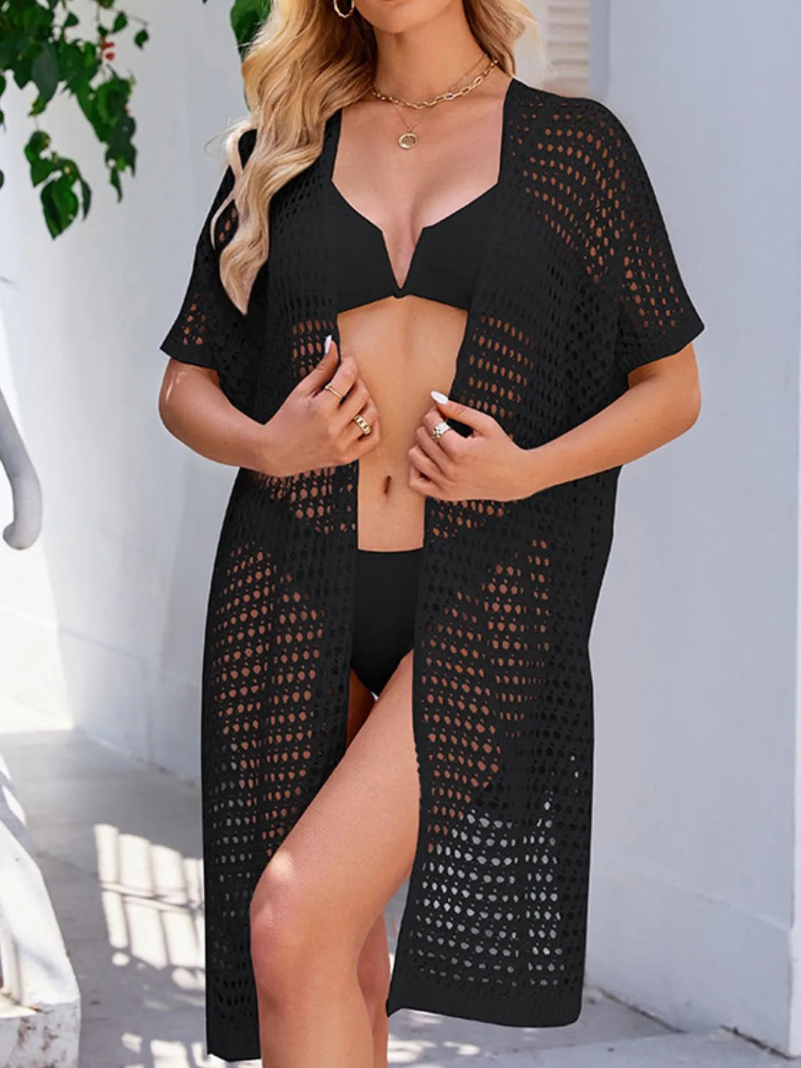 Open Front Tied Openwork Cover-Up - Ladyez