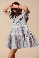 SO ME Cotton Printed Ruffle V Neckline Dress with Side Tie