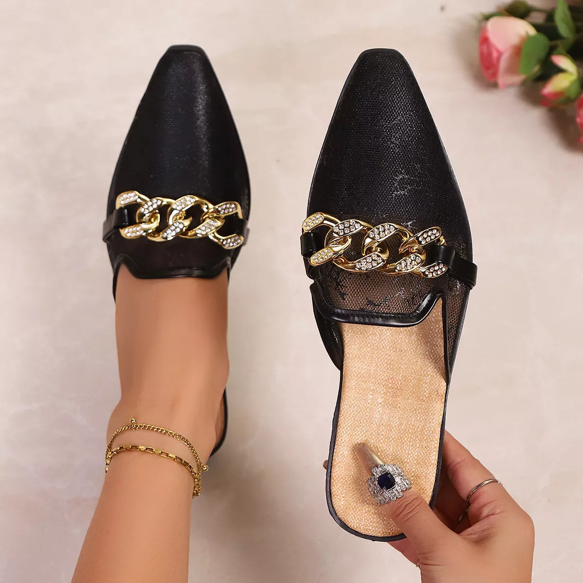 Point Toe Chain Detail Sandals