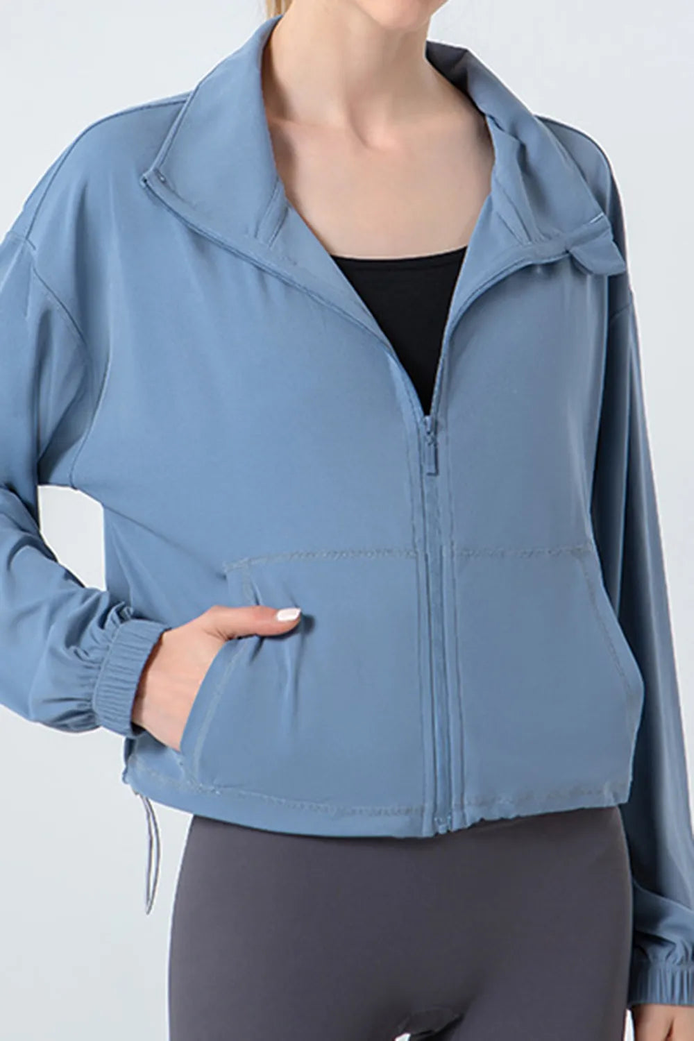 Drawstring Zip Up Dropped Shoulder Active Outerwear - Ladyez