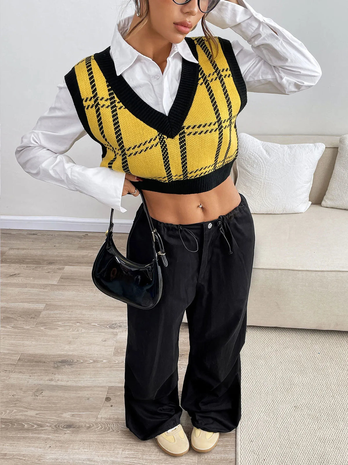 Plaid V-Neck Cropped Sweater Vest