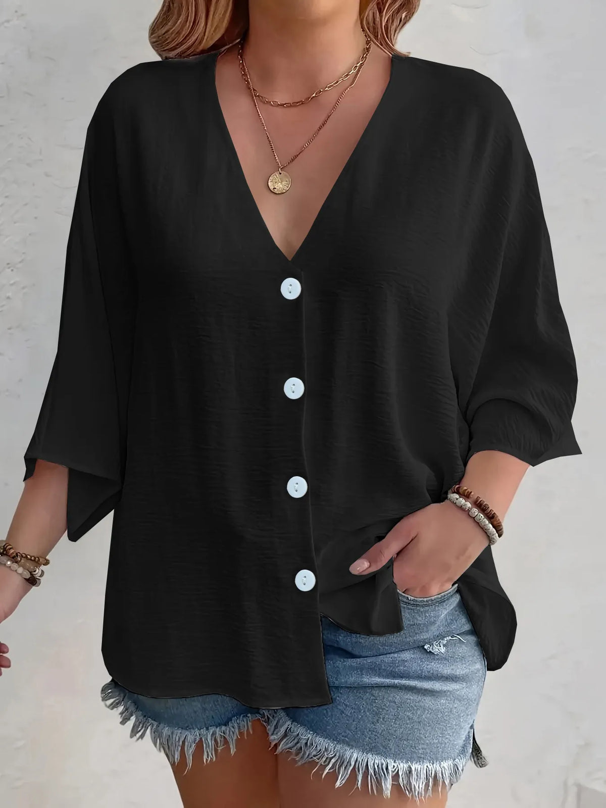Full Size Casual V-Neck Button Down Relaxed Fit Blouse Plus Size