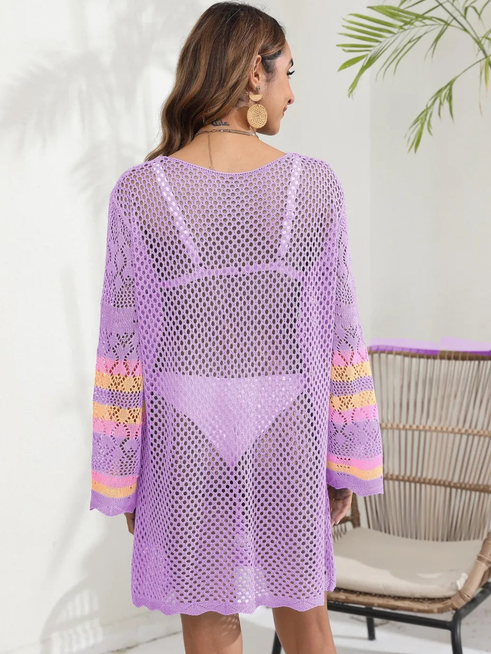 Openwork Contrast Long Sleeve Cover-Up - Ladyez