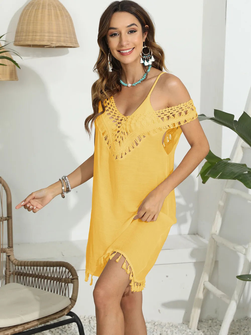 Tassel Scoop Neck Wide Strap Cover-Up - Ladyez