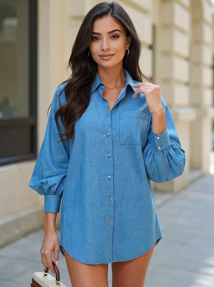 Button Up Lantern Sleeve Oversized Shirt