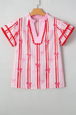 Ric-Rac Trim Ruffled Sleeve Striped Printed Blouse