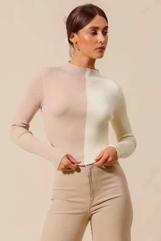 SO ME Color Block Fitted Crop Sweater Top