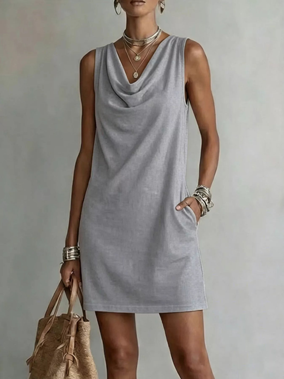 Full Size Sleeveless Cowl Neck Mini Dress Plus Size