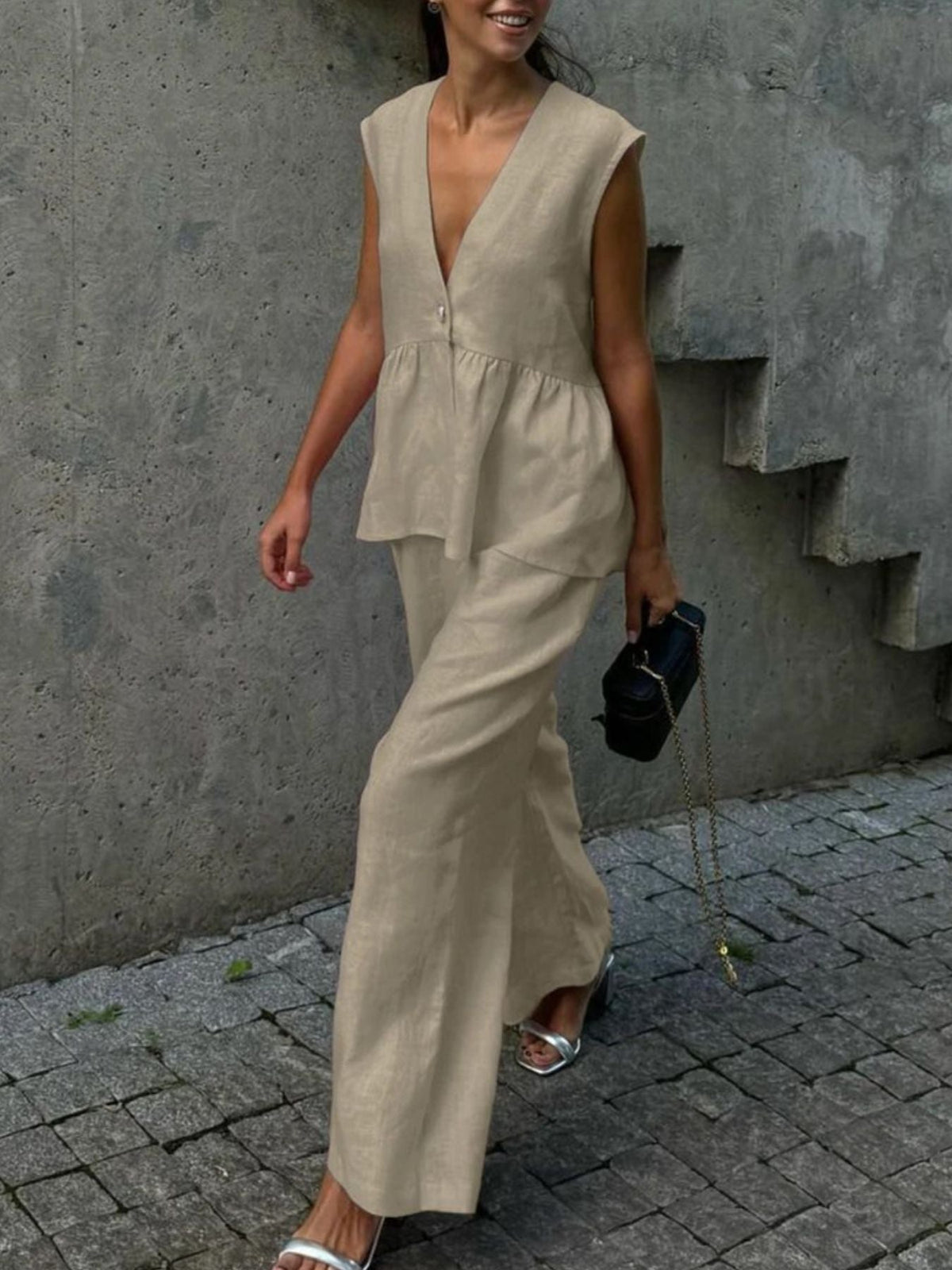 One Button Sleeveless Top and Wide-Leg Pants Set