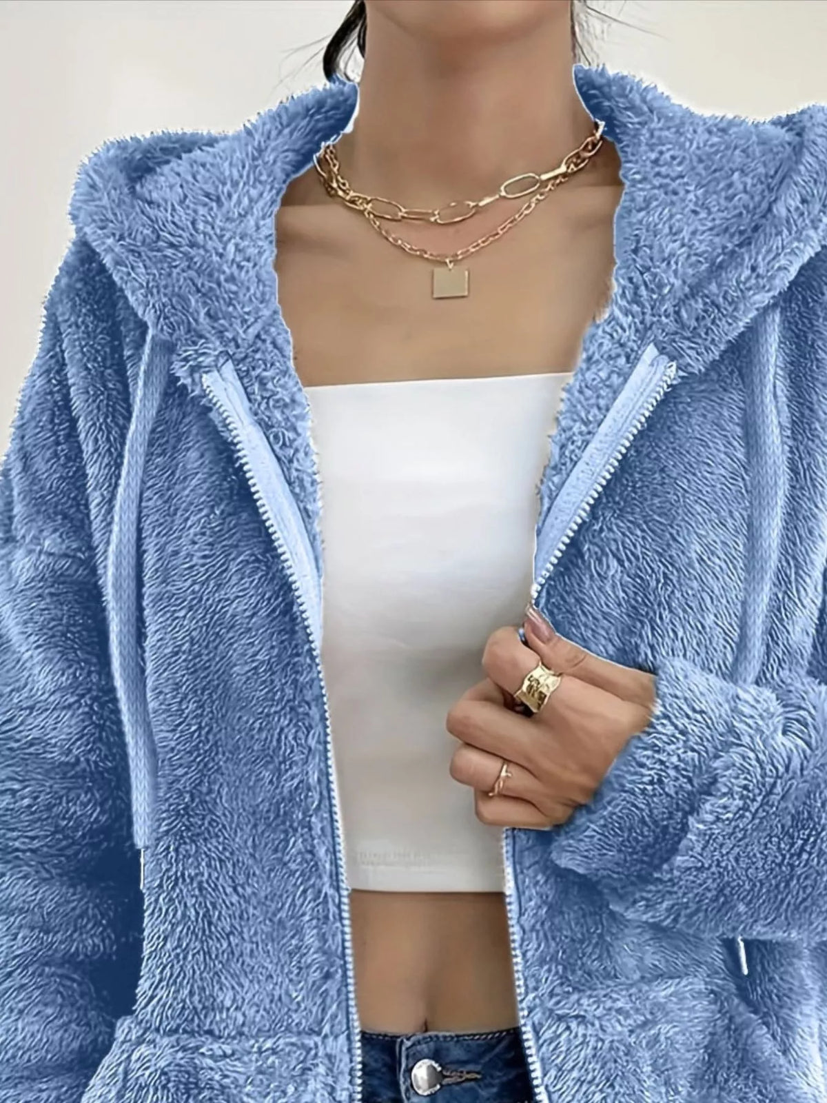 Drawstring Fleece Zip-Up Outerwear